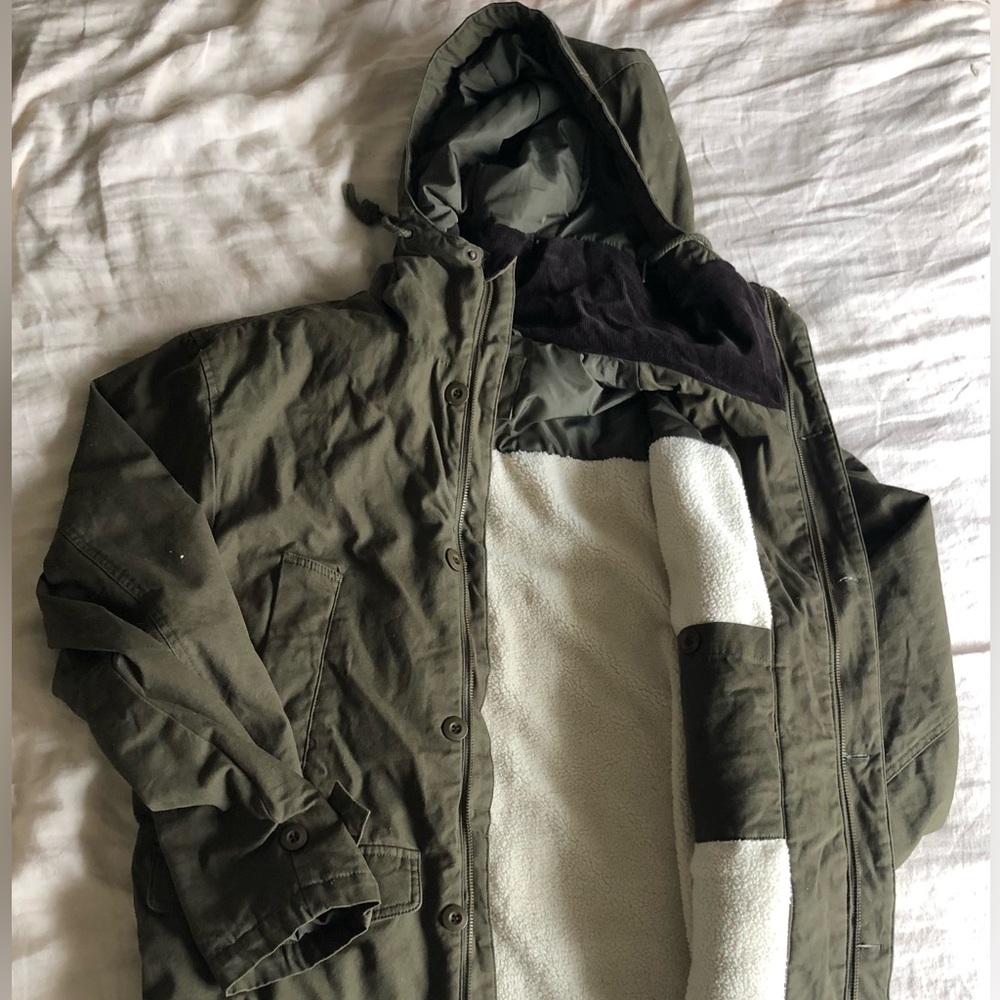 Rhythm M-22 Parka Sherpa Jacket in olive. 100% cotton canvas.